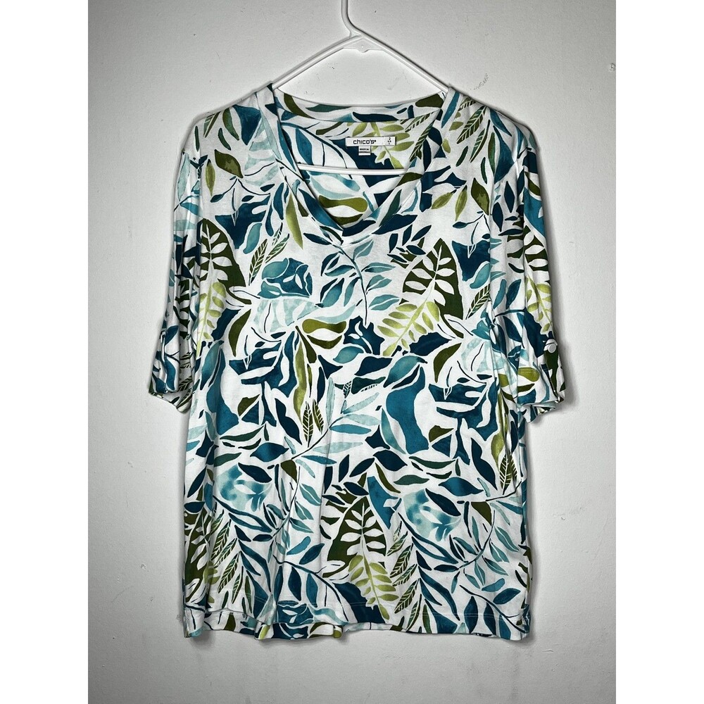 Chico's Shirt Womens 2 L Multicolor Tropical Leaf V Neck Roll Tab Sleeve Top